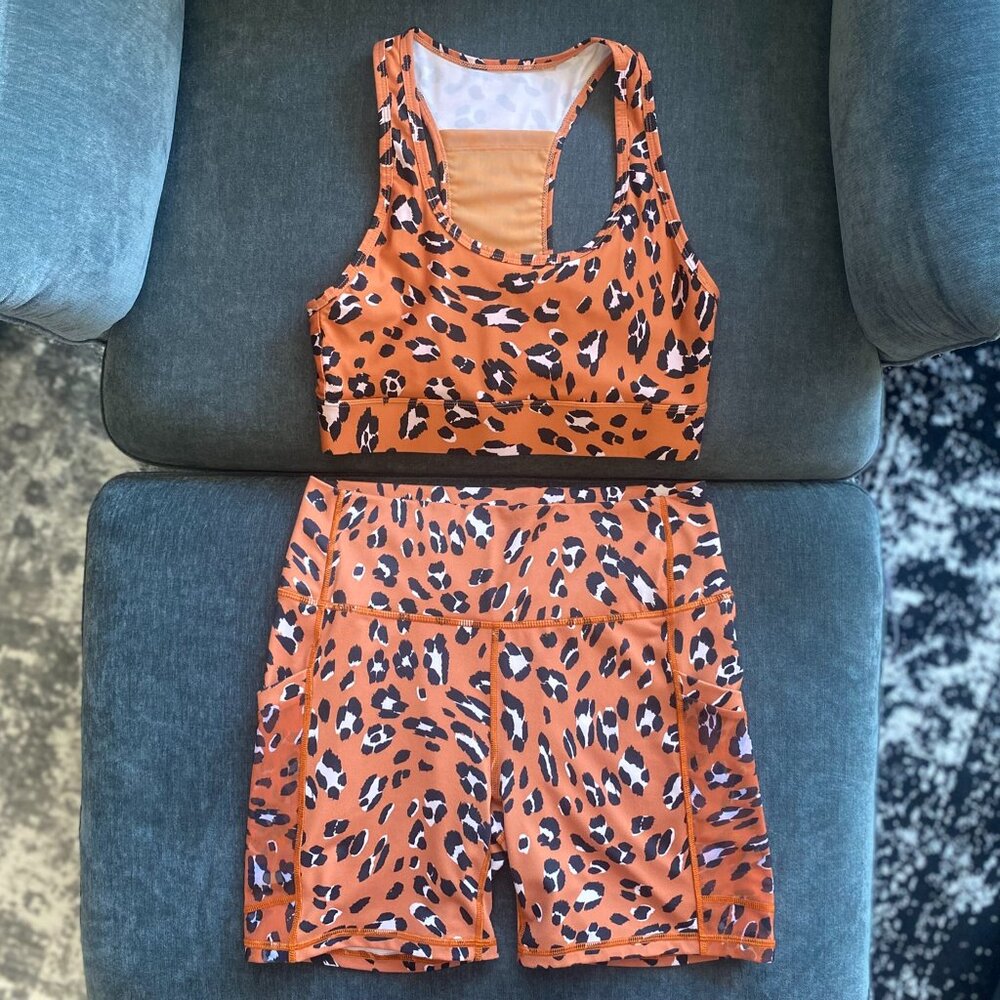 Fabletics On-The-Go PowerHold High Waisted Short Bra Set, Burnt Ochre Wavy Leo